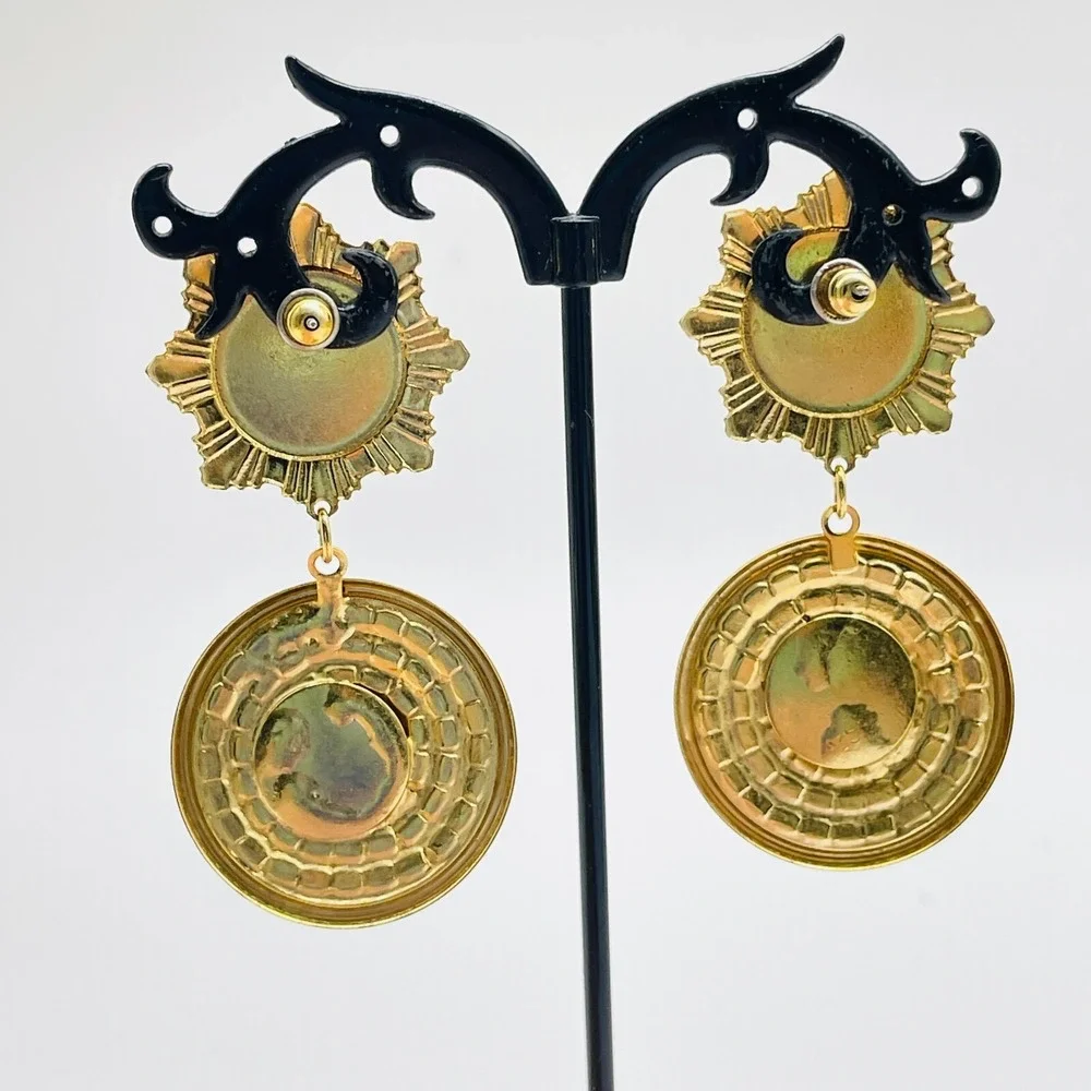 Vintage Pierced Earrings Rhinestone Star Medallion Drop  Cognac Gold Tone